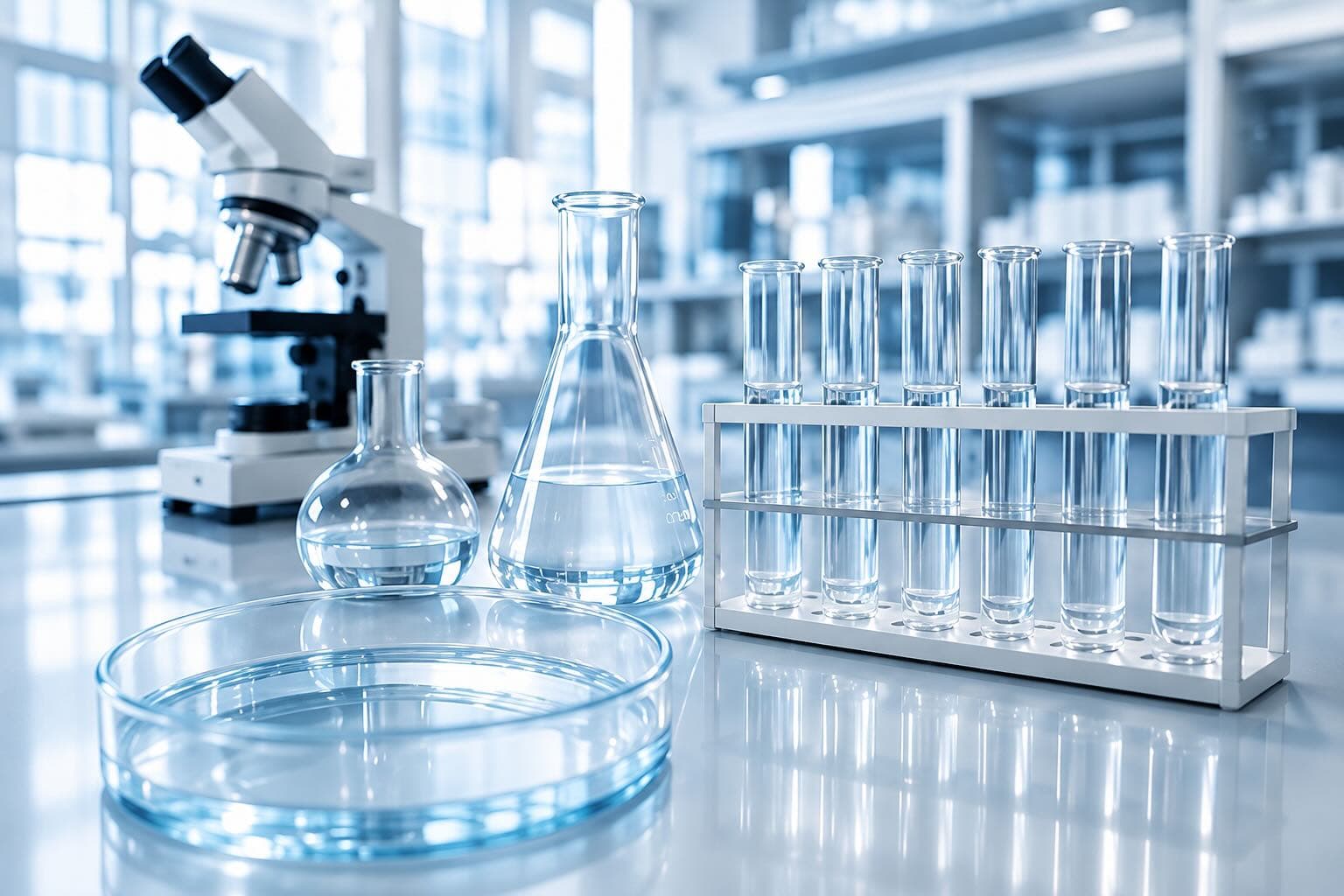 Laboratory glassware, flasks, test tubes and a microscope on the bench